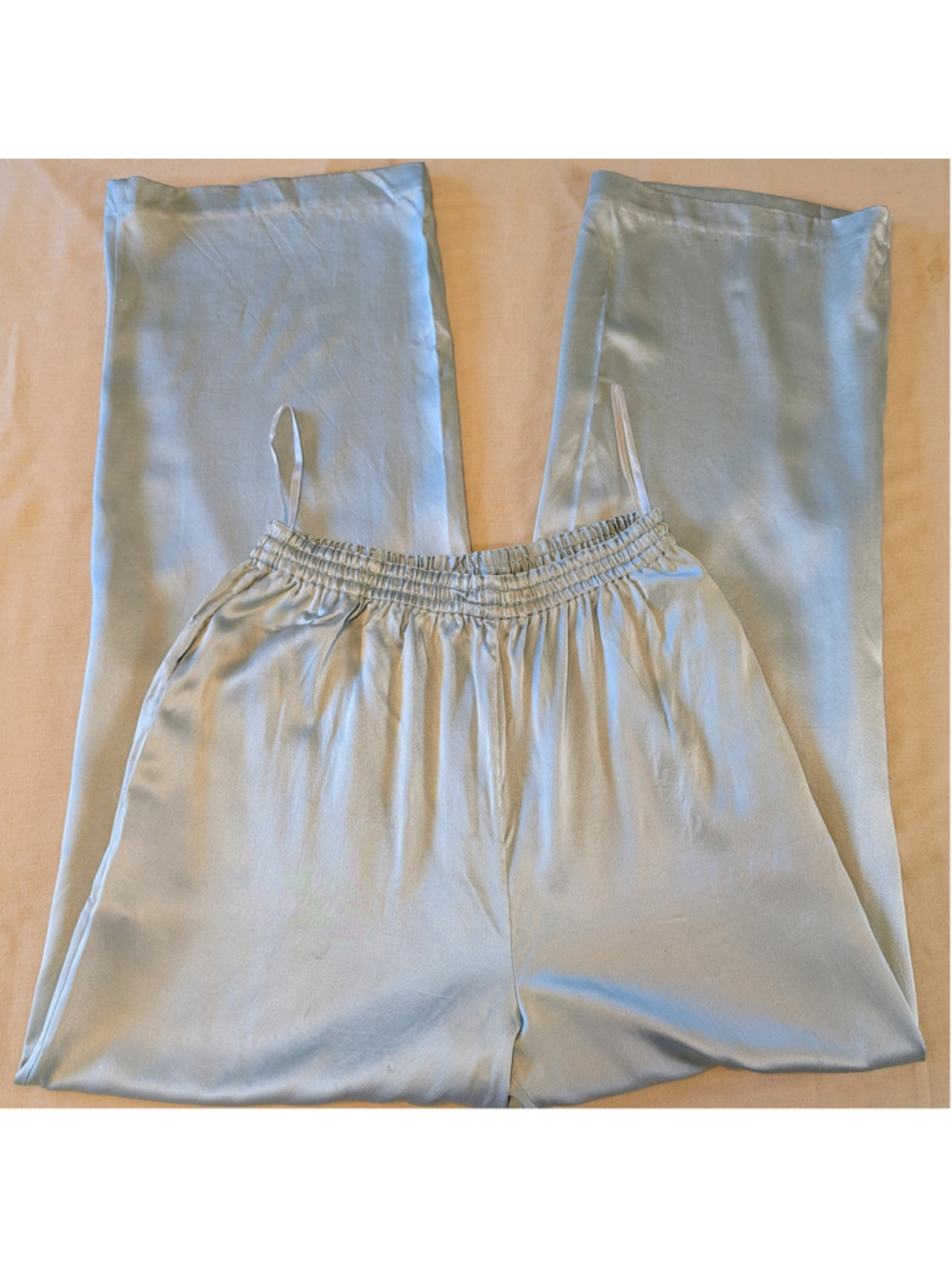 Tesori 100% Silk Wide Leg Pants Sage Green Elastic Waist Minimalist Lounge S - Picture 6 of 9